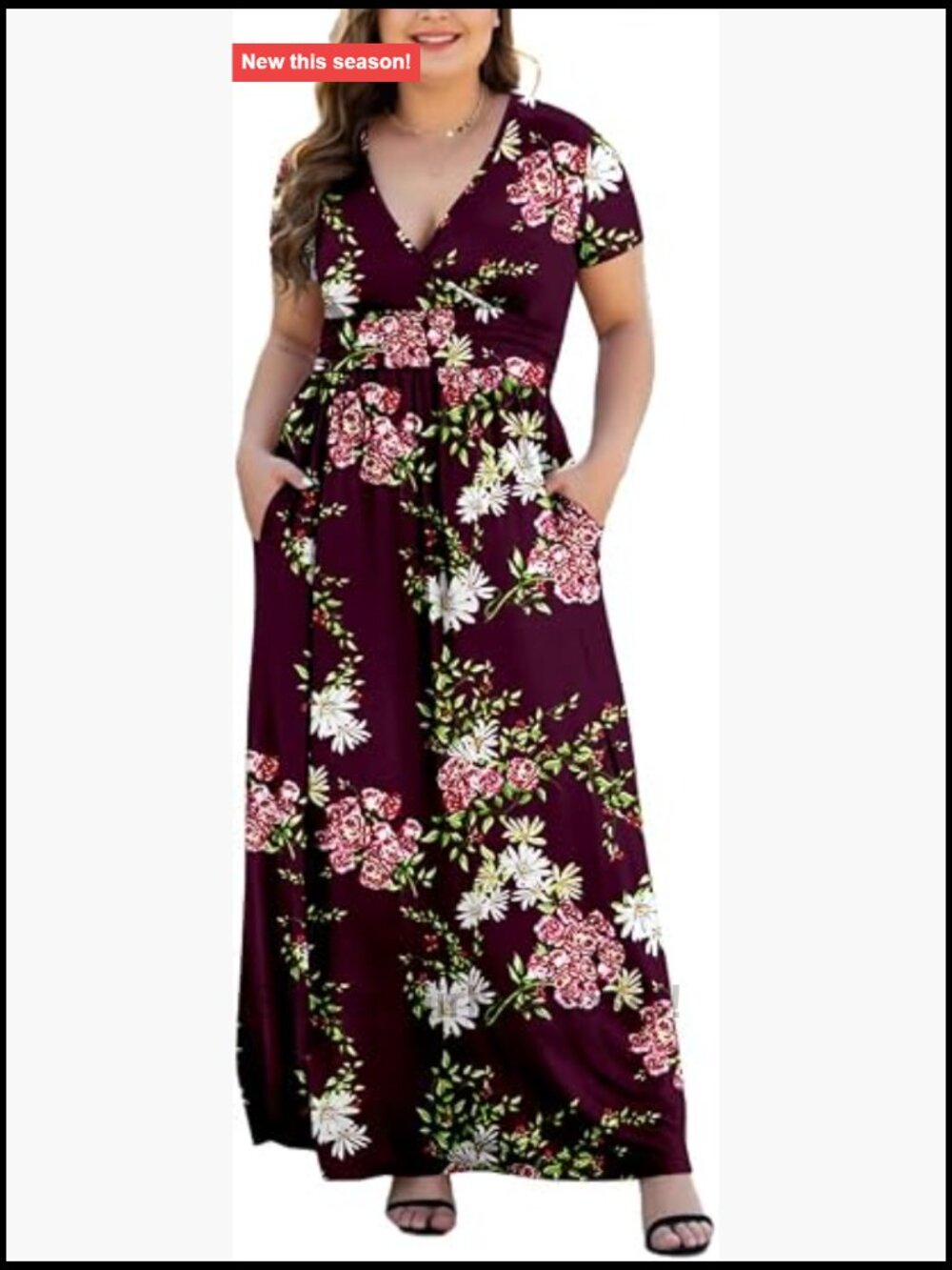 Plus Size Maxi Dress V-Neck Short Sleeve with Pockets Floral Rayon Spandex